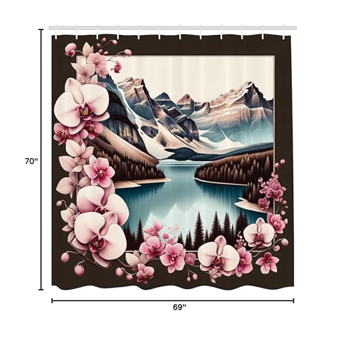 Ambesonne Lake Shower Curtain, Orchid Branches Around Mountain Landscape Spring Joy Outdoorsy View, Cloth Fabric Bathroom Decor